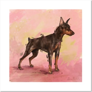 Impressionistic Painting of a Pinscher on Pinkish Yellow Background Posters and Art